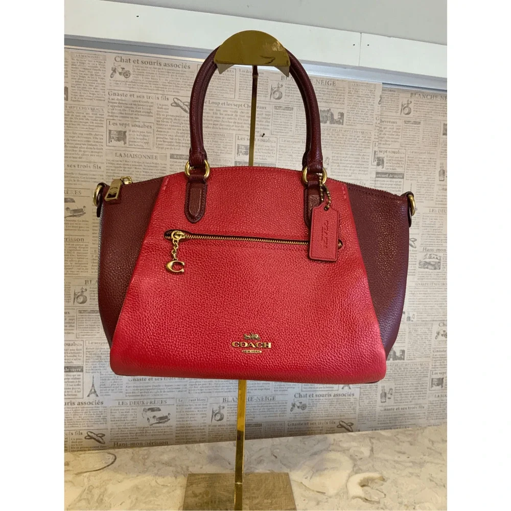 Coach Elise Red Pebbled Leather Bag Satchel Bag Colorblock